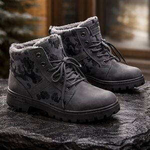 Women's Gray Lace-Up Ankle Boots with Faux Fur Collar